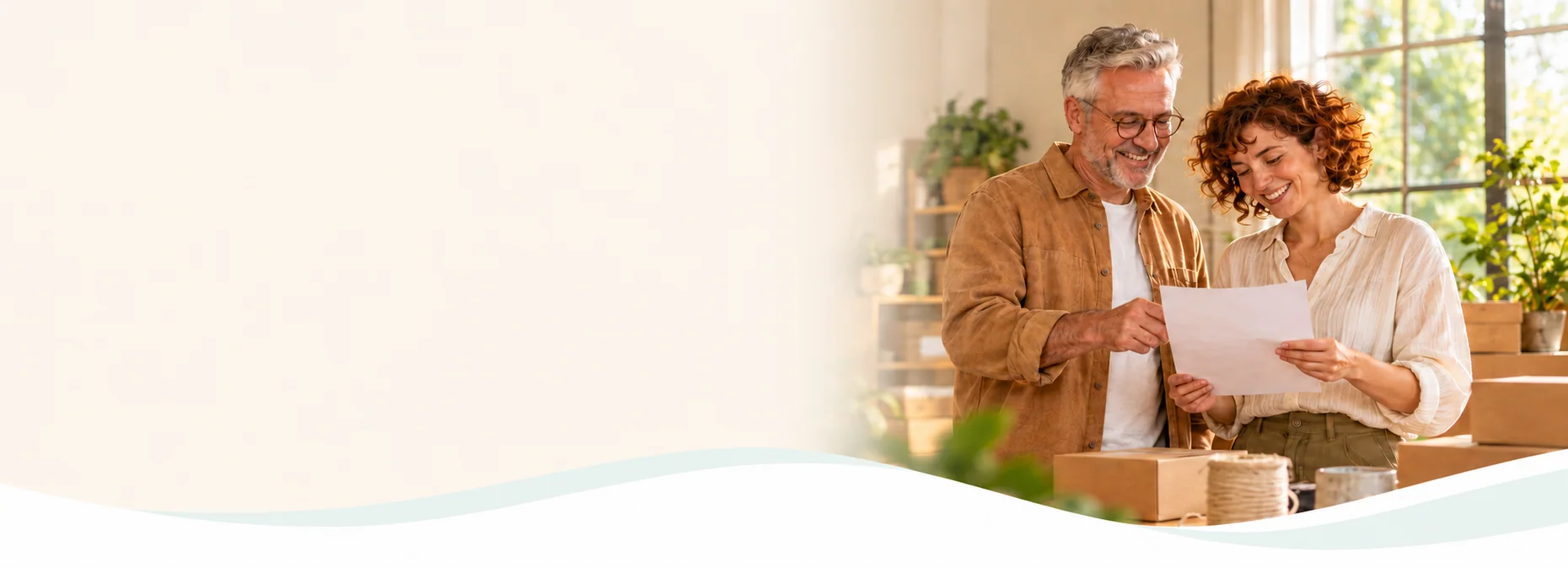 Illustrative image: two professionals review documents in a warm interior with wood, plants and parcels.
